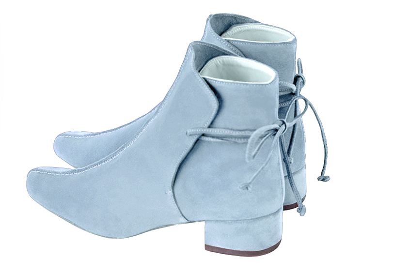 Sky blue women's ankle boots with laces at the back. Round toe. Low block heels. Rear view - Florence KOOIJMAN